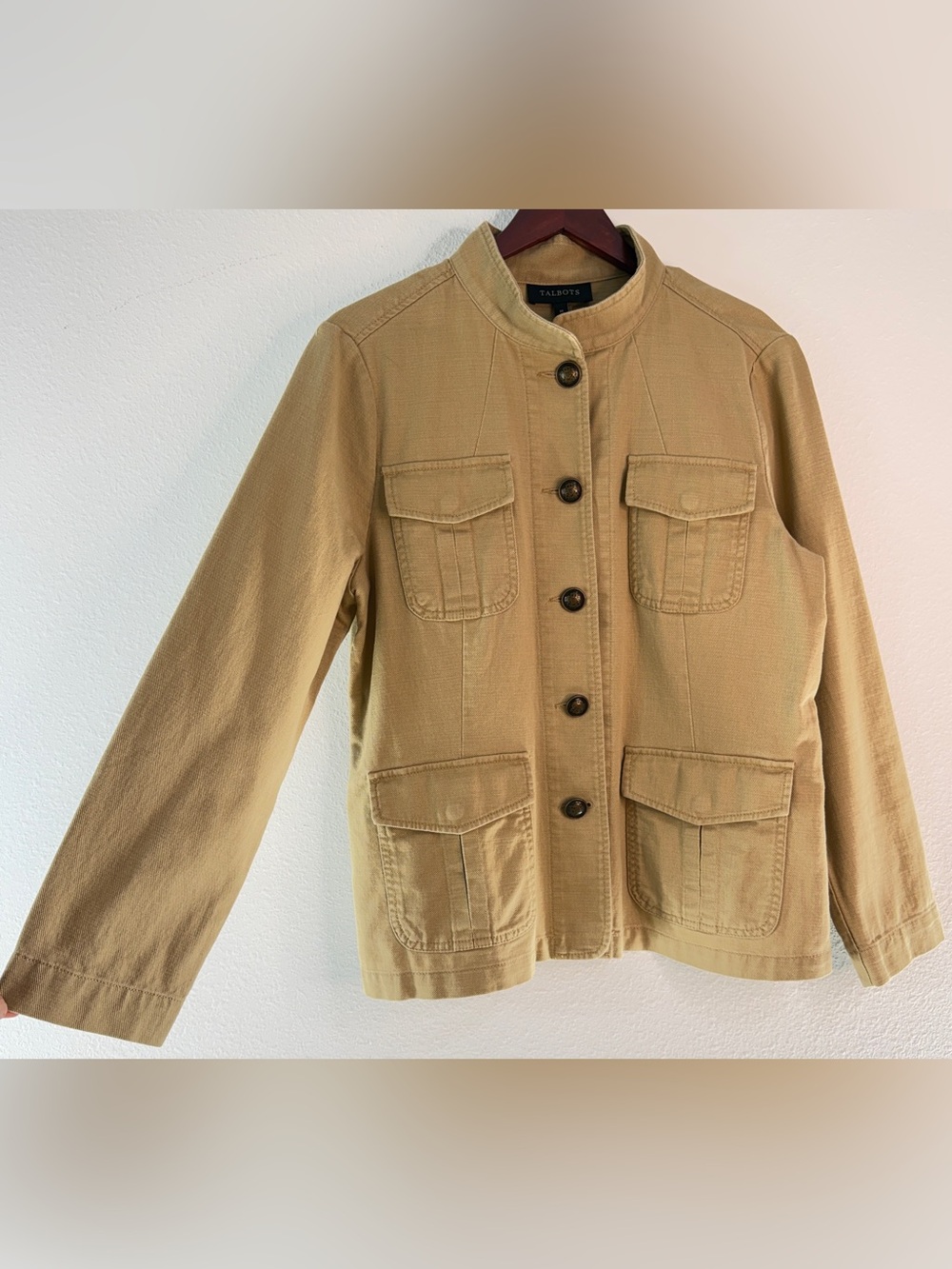 Talbots Khaki Tan Utility Blazer Ornate Buttons Preppy Pockets Safari Jacket Med